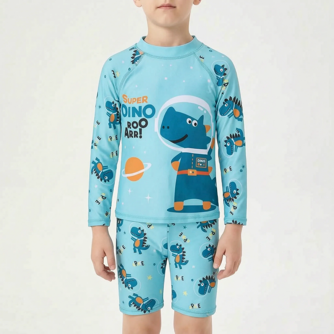 Stylish kids' long sleeve swimsuit set, a two-piece rash guard for summer fashion & reliable sun protection.