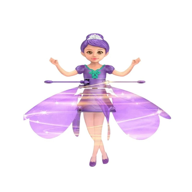 Children's flying doll toy with hand gesture control and dazzling LED lights for indoor fun.