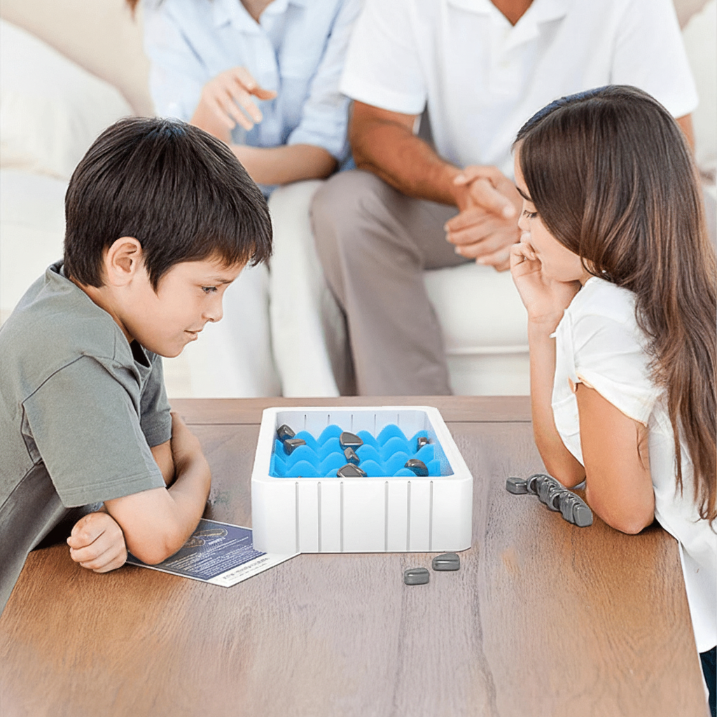 Children playing with a portable magnetic chess set, an engaging strategy game for focus & concentration.