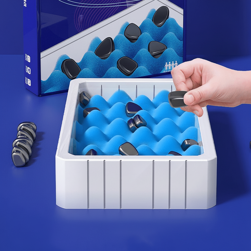 Family enjoying a magnetic chess game, a fun educational toy for kids and family travel.