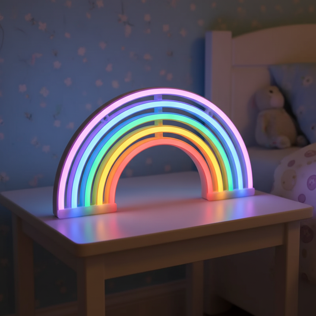 Kids' neon rainbow table lamp for soothing ambiance, perfect for bedroom decor and night light.
