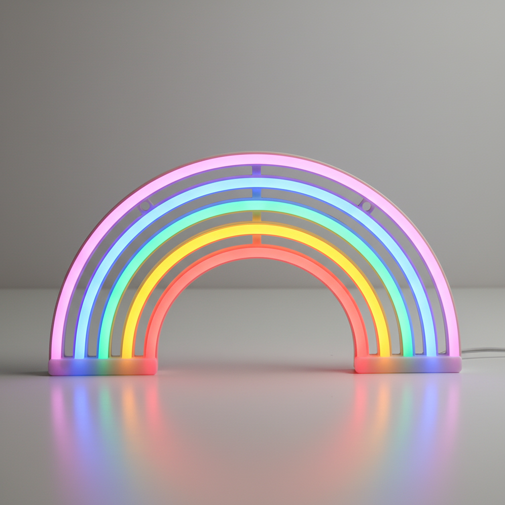 Vibrant neon rainbow table lamp, color-changing LED, USB or battery powered, ideal kids' room night light.