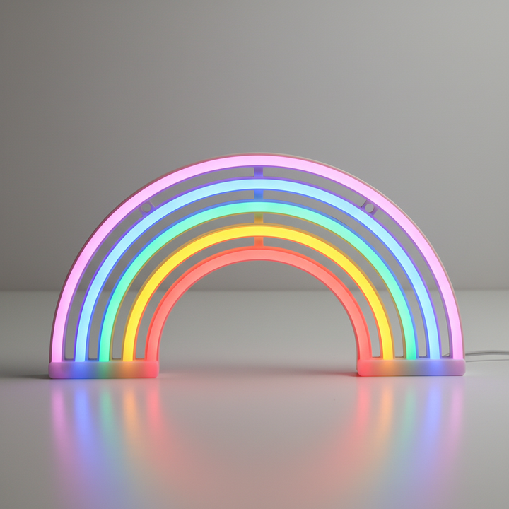 Vibrant neon rainbow table lamp, color-changing LED, USB or battery powered, ideal kids' room night light.