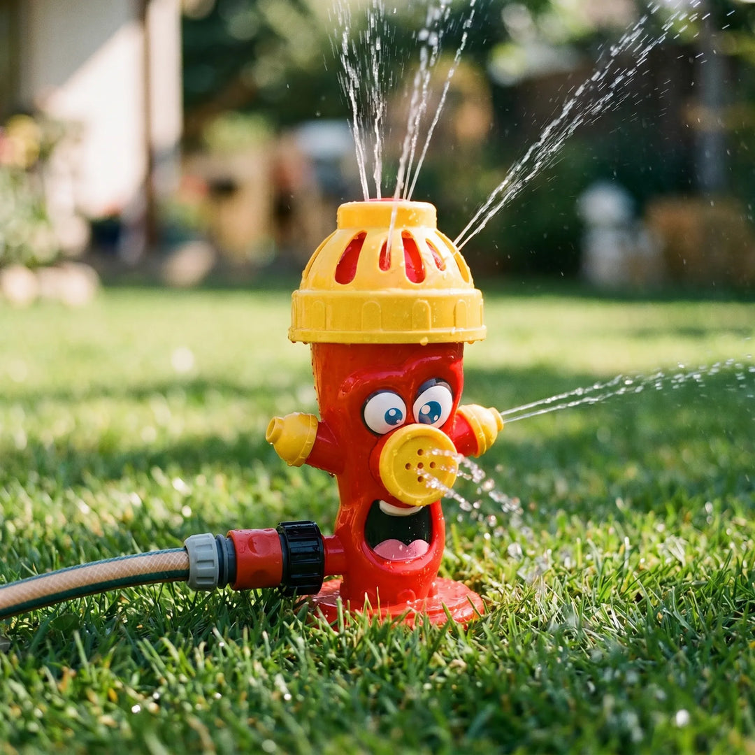 Kids' outdoor spinning water sprinkler toy creating a fun splash in a green backyard, perfect for summer waterplay.