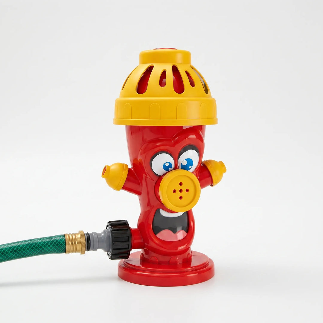 Close-up of a multi-colored spinning water sprinkler toy, ready for kids' outdoor waterplay and summer garden fun.