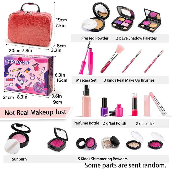 Close-up of Playbella kids' pretend makeup kit showing safe toy lipstick, brushes, and glitter pot for creative role play.