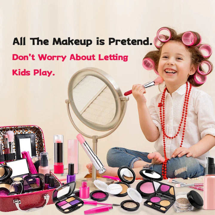 Child happily playing with Playbella pretend makeup kit, fostering imaginative dress-up and creative role-playing fun.