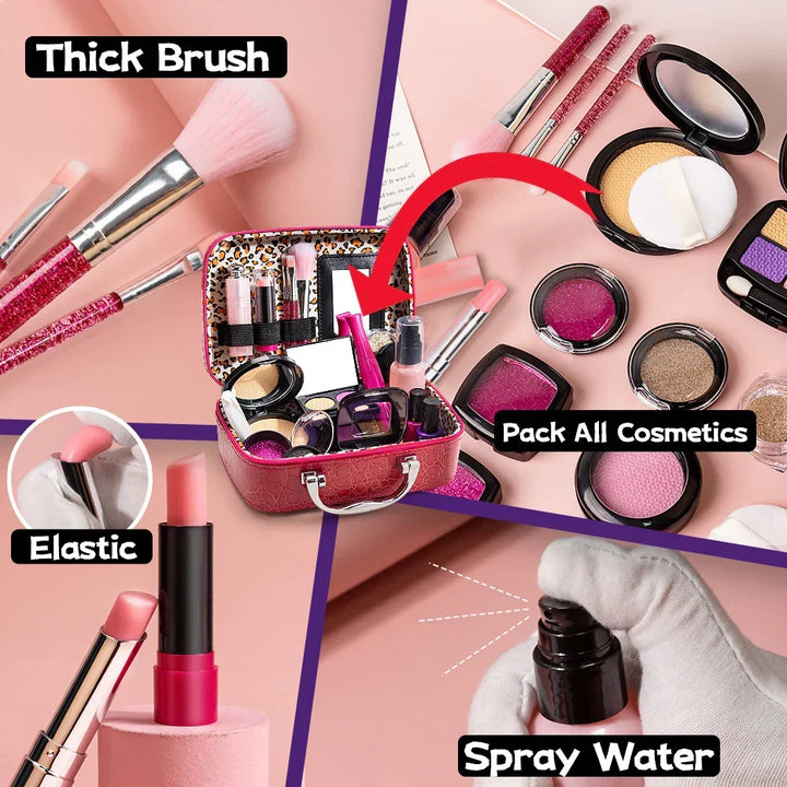 Open Playbella kids' pretend makeup kit display: colorful eyeshadow, blush, brushes & lipstick for safe, imaginative play.