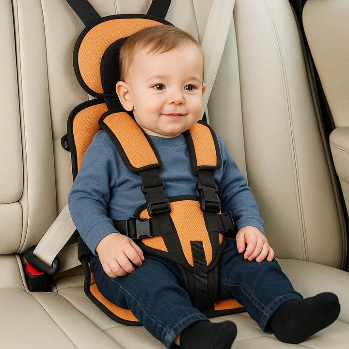 Compact portable car seat for kids, an essential travel harness ensuring child safety and easy transport.