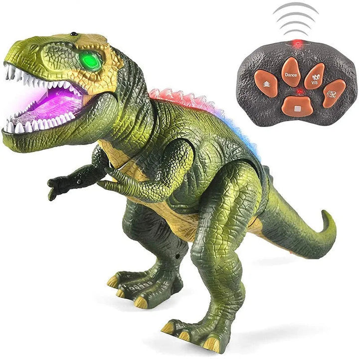Kids' RC T-Rex dinosaur toy with vibrant LED eyes, roaring sound, and realistic walking action for interactive play.