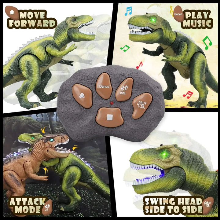 Walking T-Rex dinosaur RC toy with powerful roars and bright lights, engaging kids in imaginative prehistoric fun.