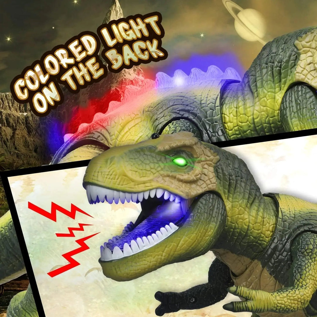 Detailed remote control T-Rex dinosaur toy, showing its LED eyes glowing, mouth open roaring, ready for playtime.