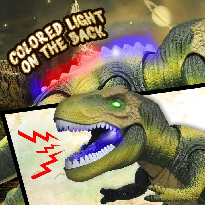 Detailed remote control T-Rex dinosaur toy, showing its LED eyes glowing, mouth open roaring, ready for playtime.