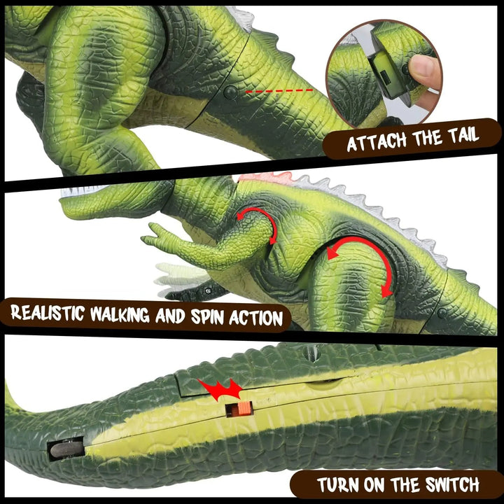 Child operating a remote control T-Rex dinosaur toy, demonstrating its walking, roaring, and light-up features.
