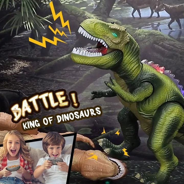 Large RC T-Rex dinosaur toy with articulated legs for walking, emitting roars and eye lights for thrilling kids' play.