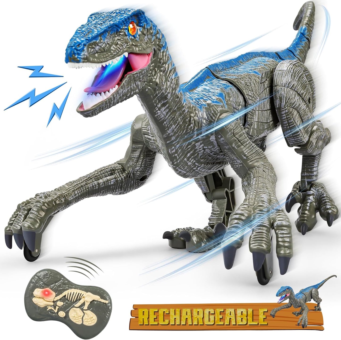 Remote control Velociraptor dinosaur toy in action, walking & roaring, a fun prehistoric electronic RC animal.
