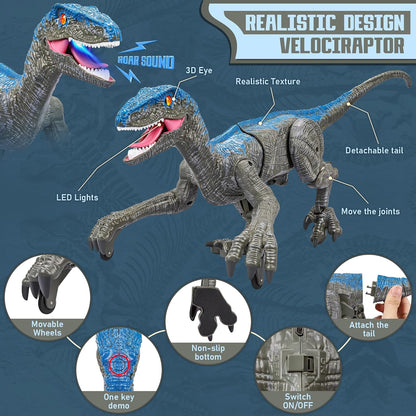 Detailed realistic Velociraptor RC dinosaur toy, perfect interactive gift for kids & boys who love prehistoric animals.