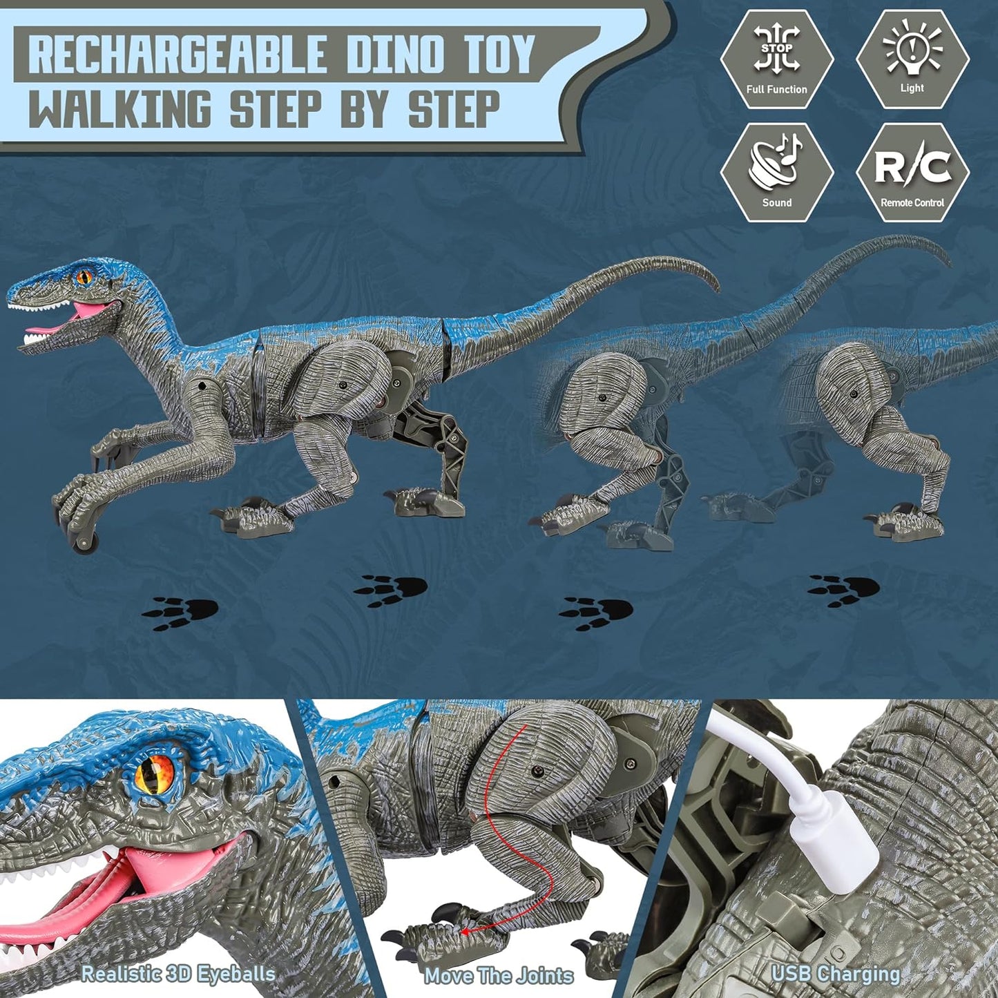 Close-up of the realistic head of a remote control Velociraptor dinosaur toy, detailed prehistoric animal RC fun.