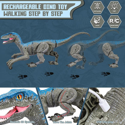 Close-up of the realistic head of a remote control Velociraptor dinosaur toy, detailed prehistoric animal RC fun.