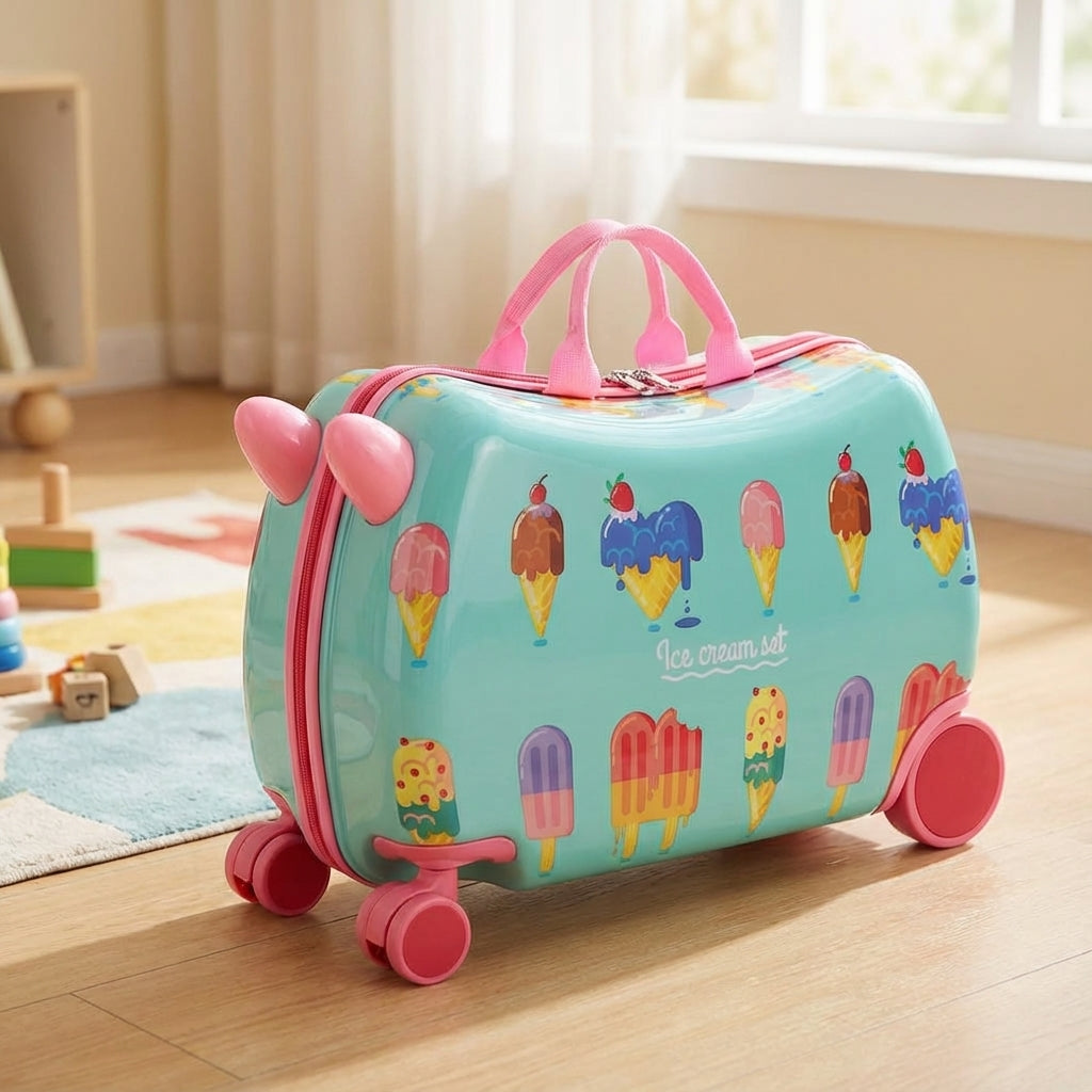 Kids' RidePop hardshell ride-on travel suitcase, a fun & durable wheeled luggage for children's vacation essentials.