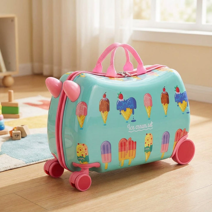 Kids' RidePop hardshell ride-on travel suitcase, a fun & durable wheeled luggage for children's vacation essentials.