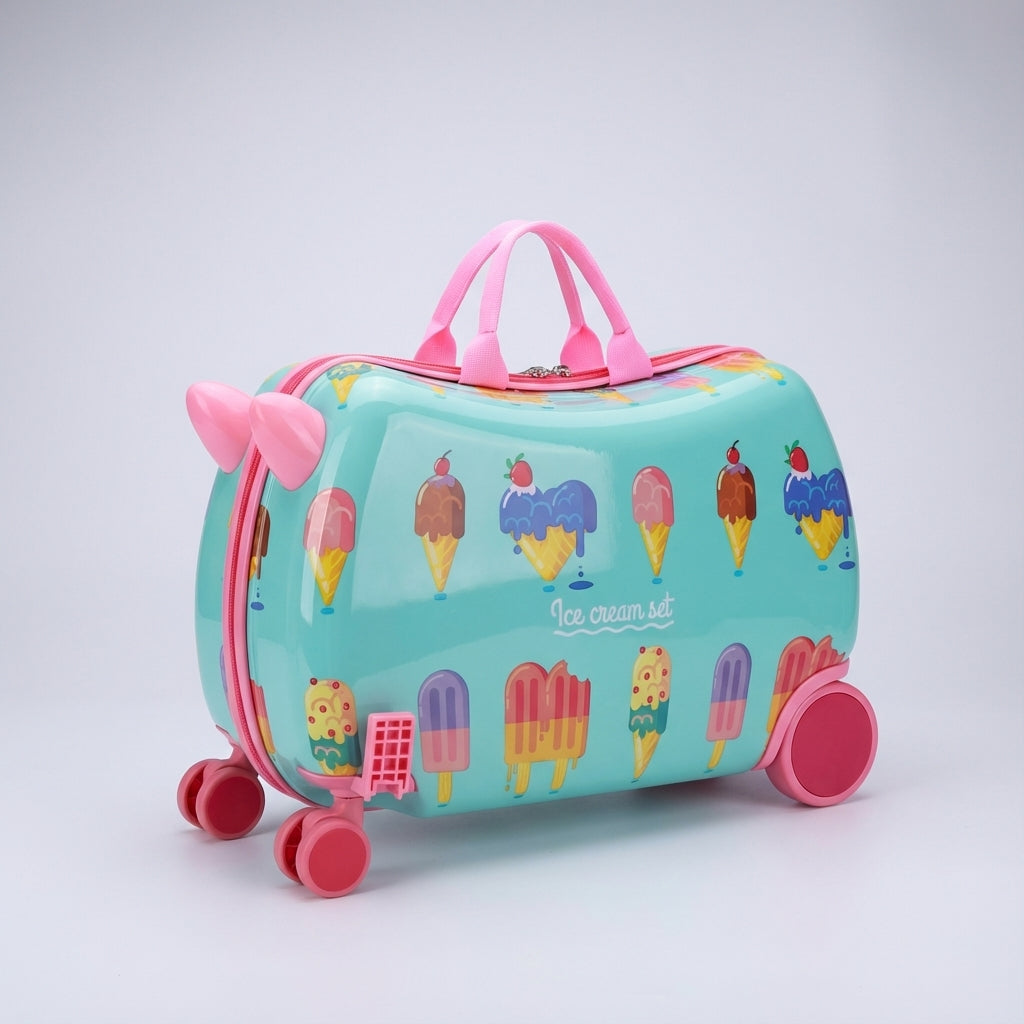 Child riding on a vibrant RidePop hardshell travel suitcase with wheels, a fun portable seat & durable kids luggage.