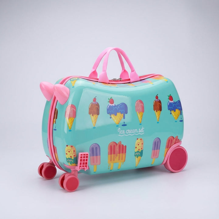 Child riding on a vibrant RidePop hardshell travel suitcase with wheels, a fun portable seat & durable kids luggage.