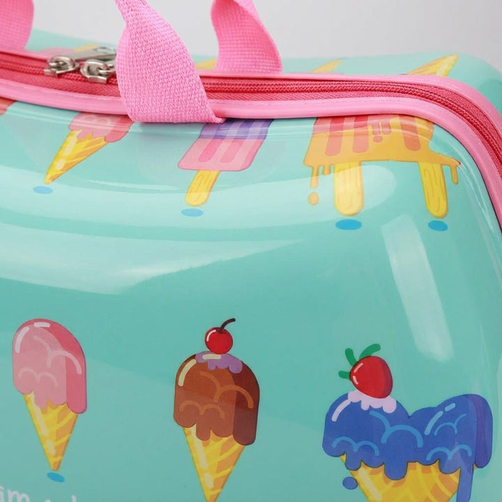 Durable hardshell RidePop kids' travel suitcase with wheels, perfect as ride-on luggage for children during family vacations.
