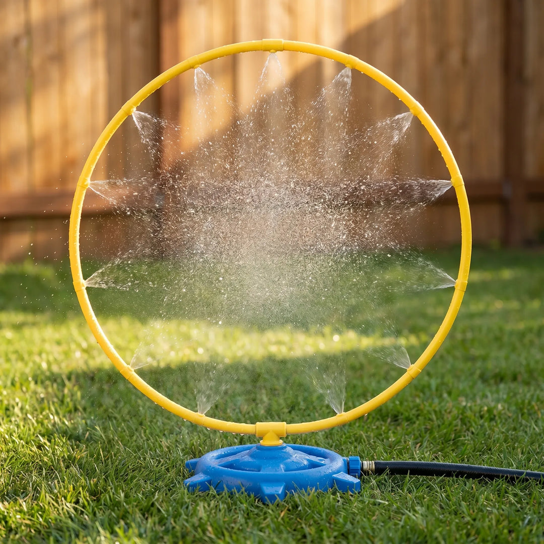 Kids' rotating water sprinkler for backyard fun. Perfect summer toy for children's outdoor water play and activities.