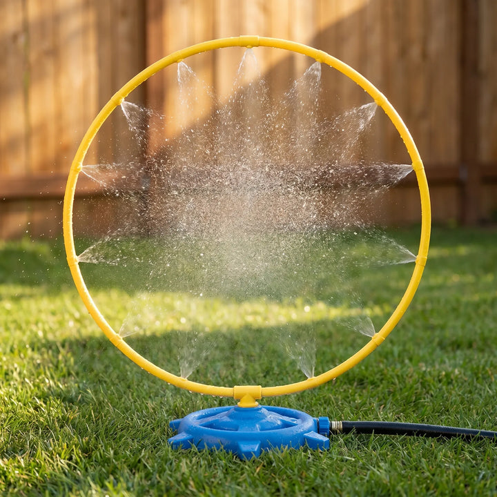 Kids' rotating water sprinkler for backyard fun. Perfect summer toy for children's outdoor water play and activities.