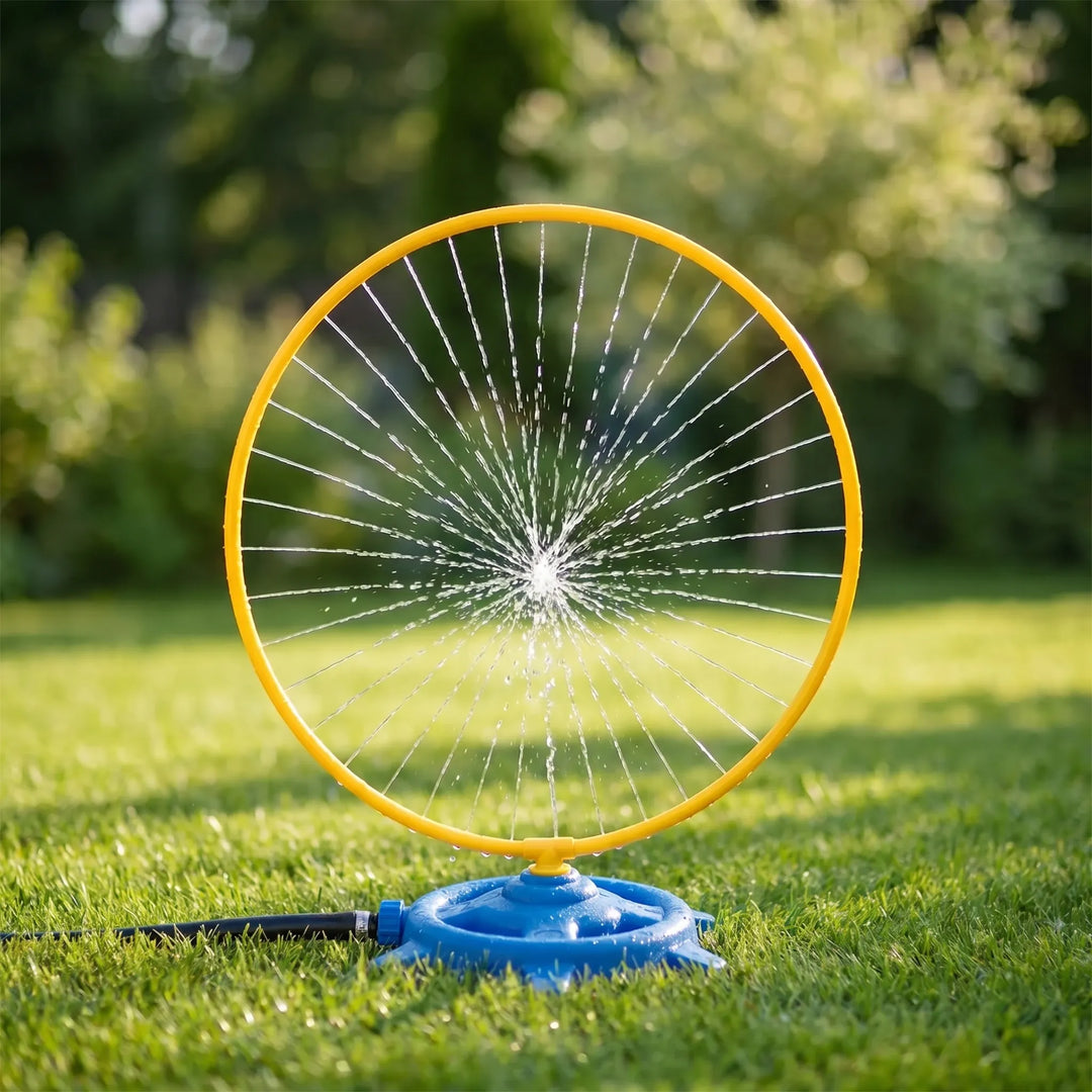 Colorful outdoor play sprinkler, ideal for kids' water games and lawn fun. Summer backyard activity for children.