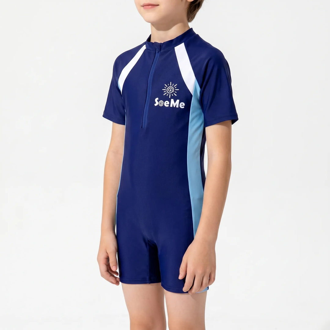 Youth one-piece short-sleeve rash guard, perfect for children's swimwear & water sports sun protection.