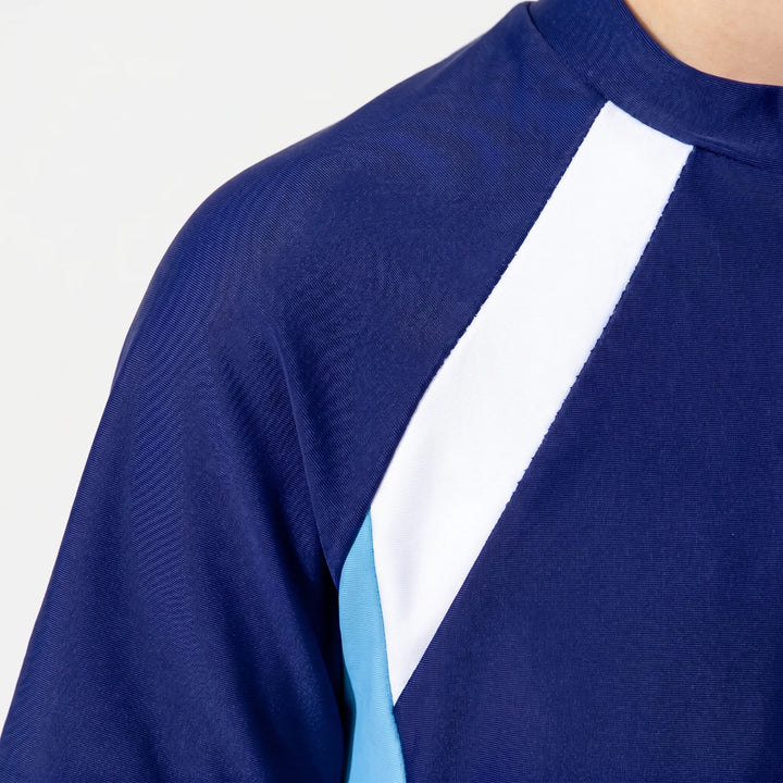 Boys' short-sleeve rash guard swimsuit, durable active kids' swimwear for summer beach and pool fun.