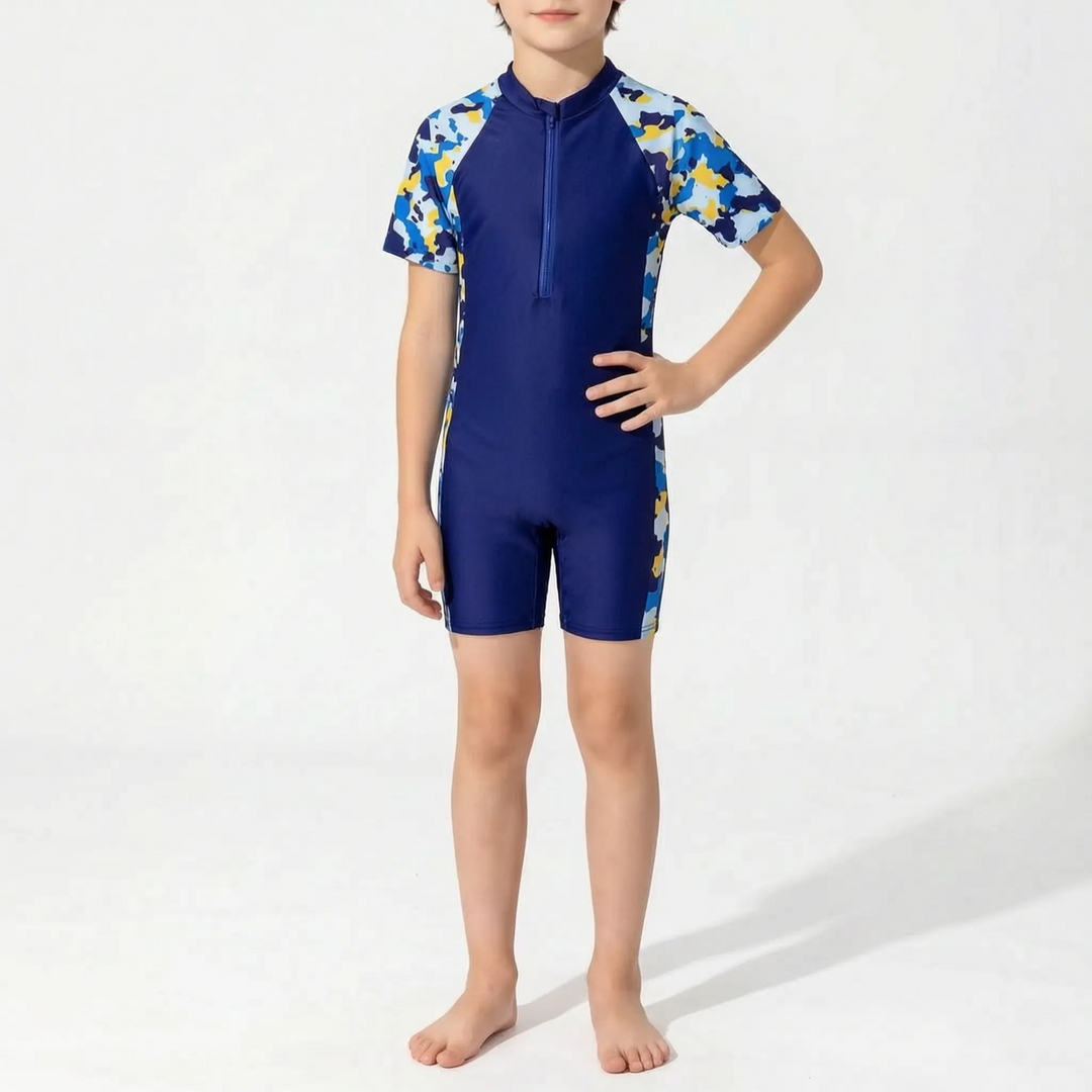 Children's short-sleeve rash guard for active play, excellent for swimming, surfing, and pool activities.