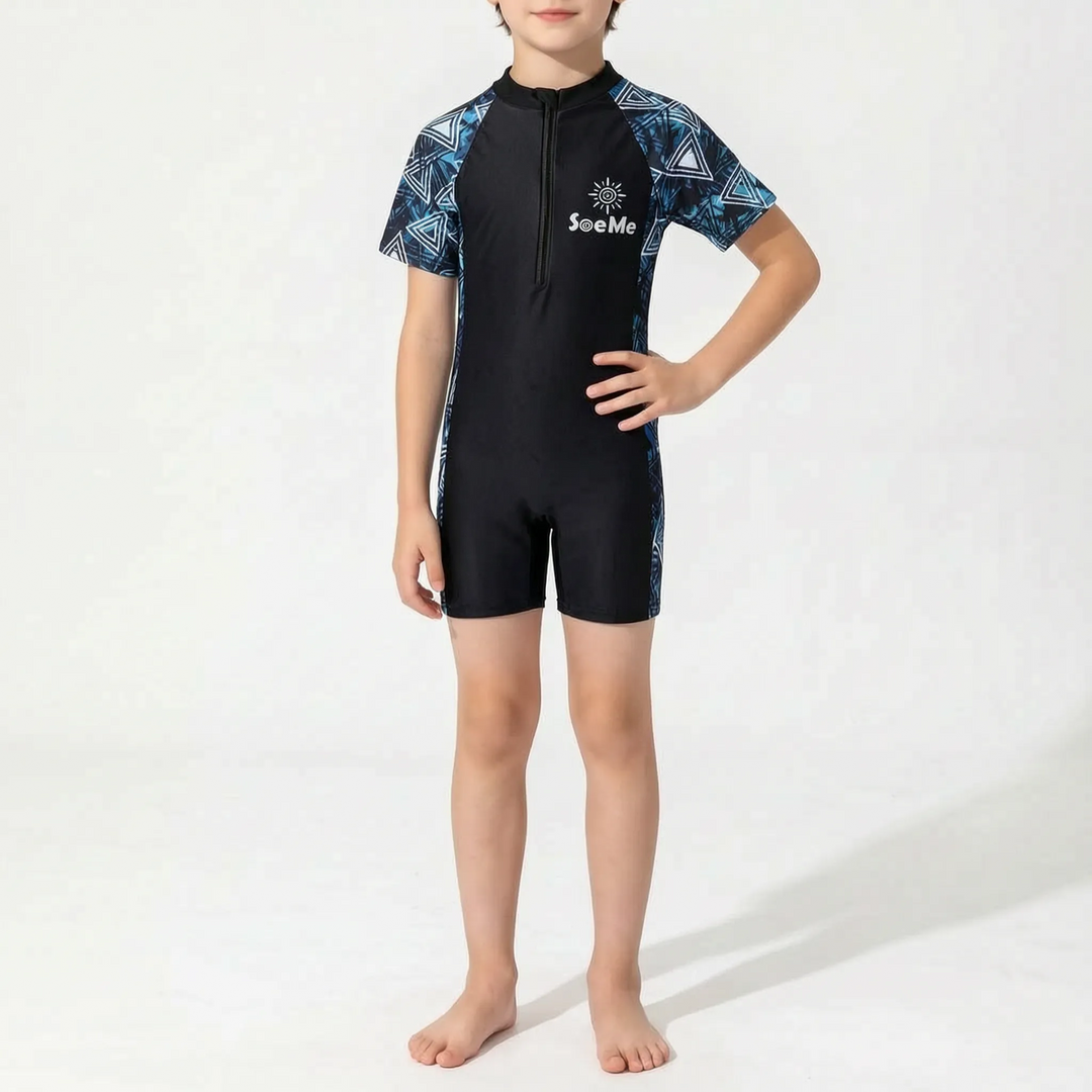 Short-sleeve one-piece rash guard for kids, essential summer swimwear for active boys and girls.