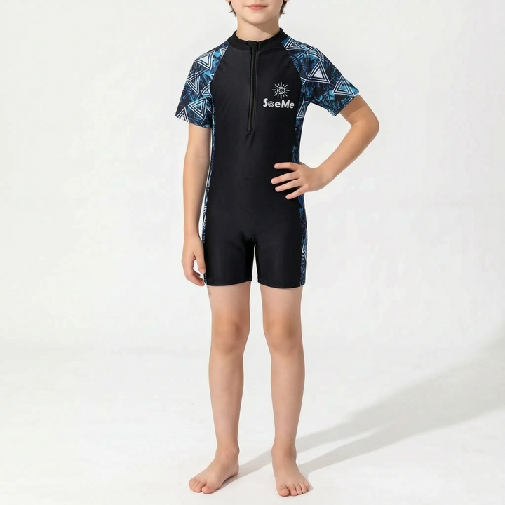 Short-sleeve one-piece rash guard for kids, essential summer swimwear for active boys and girls.