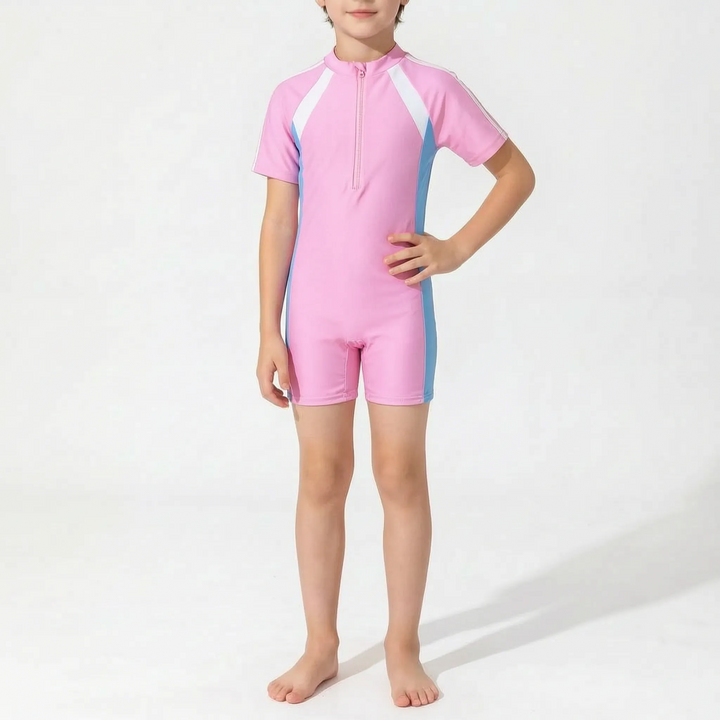 Summer kids' short-sleeve rash guard swimsuit, providing sun protection for active pool and beach wear.