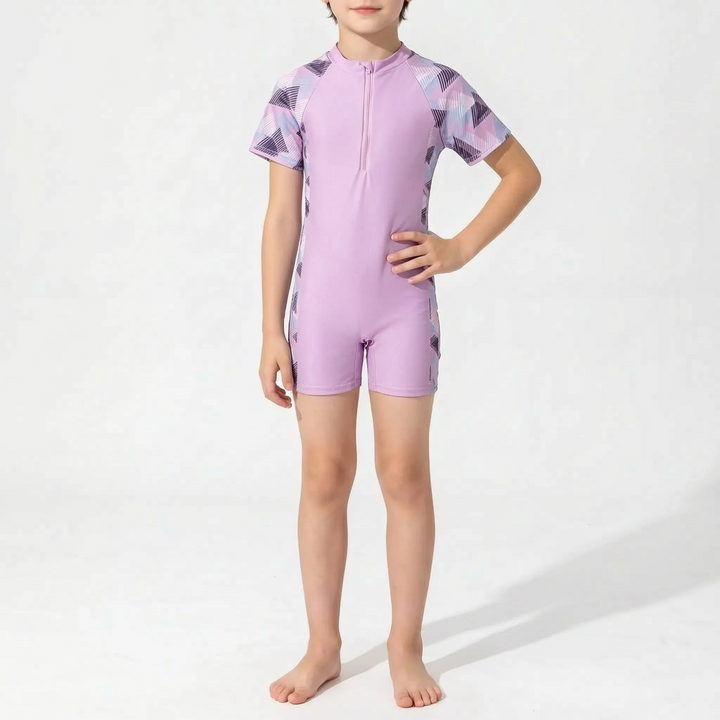 Kids' short-sleeve rash guard, versatile one-piece swimsuit for boys & girls, perfect for beach wear.