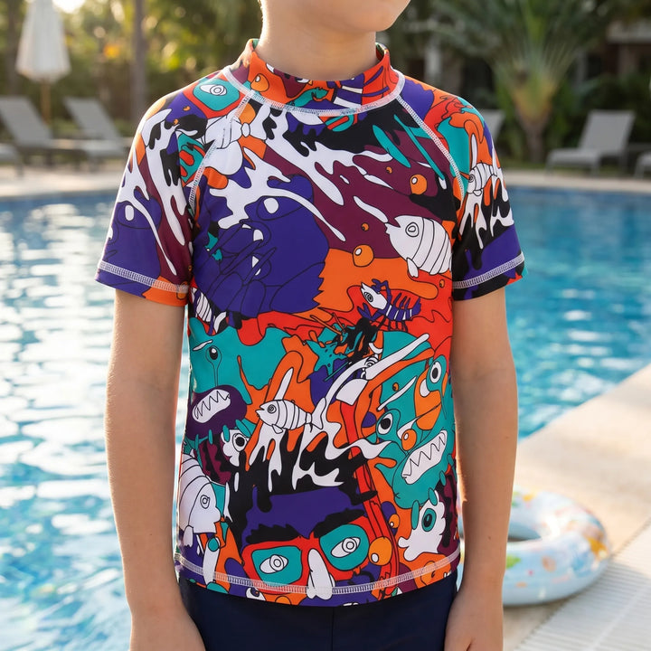 Kids' short-sleeve UPF 50+ sun protection rash guard for beach & pool swimwear.
