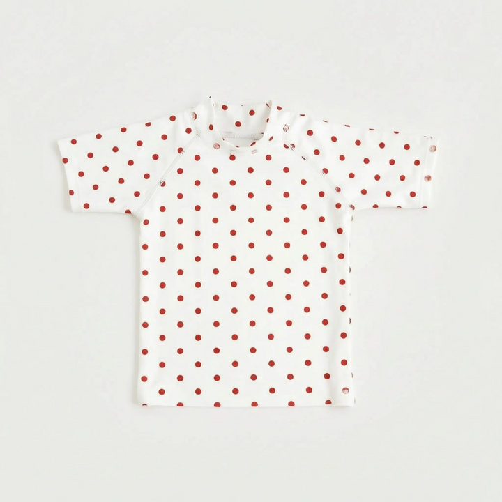 Back view: Children's short-sleeve swim top, highlighting UPF 50+ sun protection for outdoor fun.