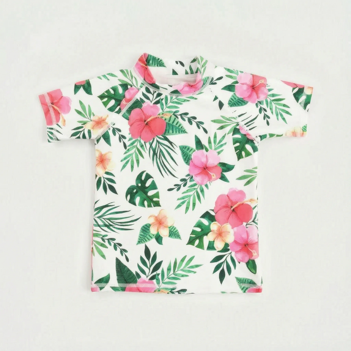 Collection of kids' short-sleeve UPF 50+ rash guards, providing essential sun protection swimwear.