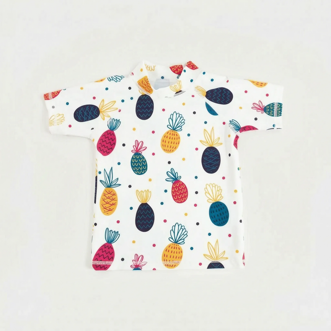 Close-up: Quick-dry fabric of a kids' short-sleeve sun protection rash guard, featuring UPF 50+.