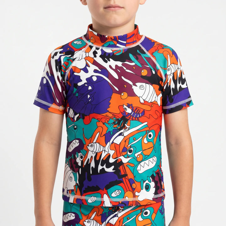 Unisex children's short-sleeve rash guard, UPF 50+ for sun protection during active swimming.