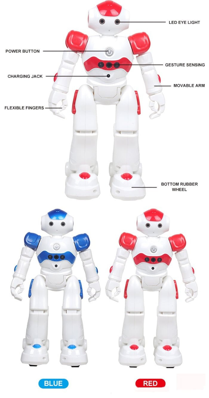 Children's smart robot that responds to voice commands and hand gestures, learning fun.