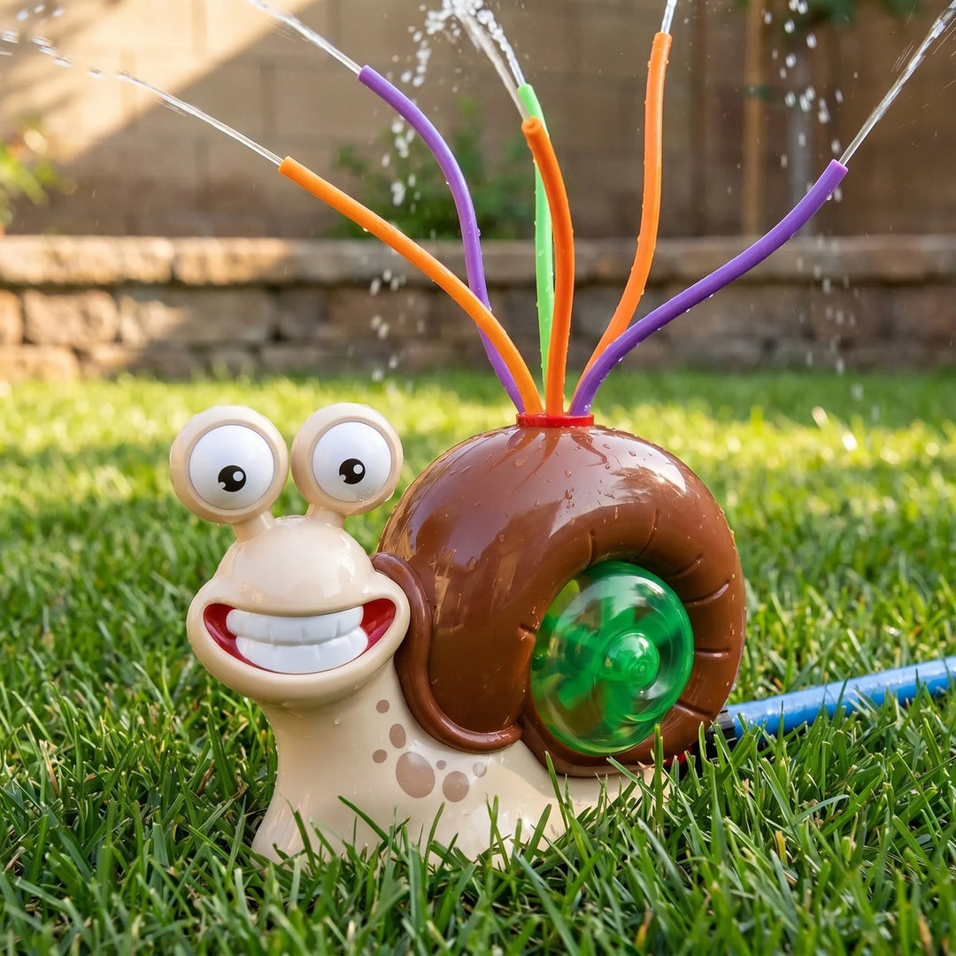 Kids' snail water sprinkler batting game for outdoor summer fun. Interactive yard toy for water activities.