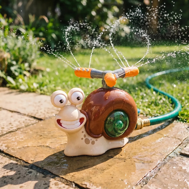 Children's outdoor water sprinkler game with snail design for active batting play and summer water fun.