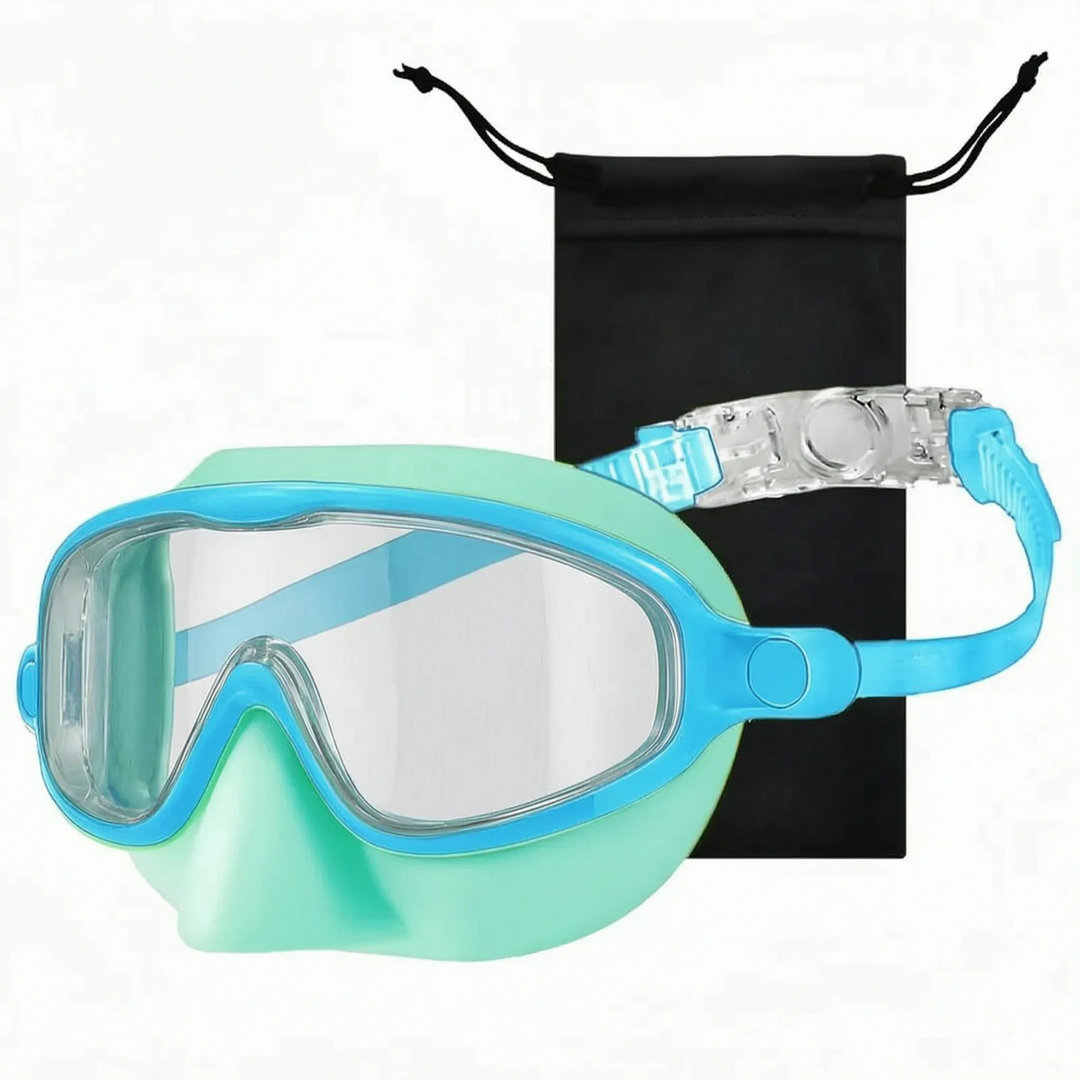 Children's adjustable swim mask, integrated nose cover & clear vision, perfect for snorkeling & pool fun.