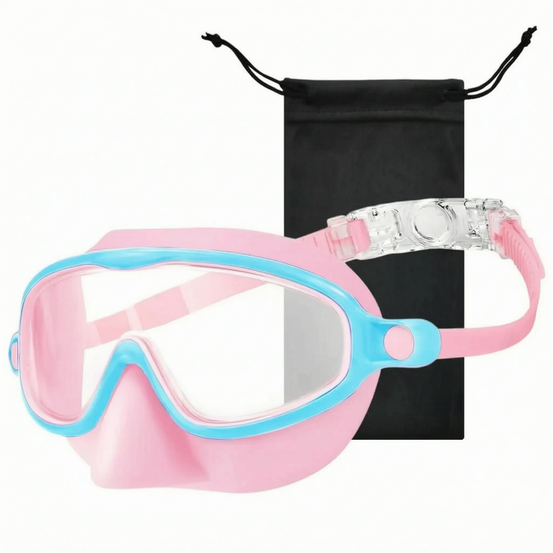 Adjustable children's swim mask for clear vision, comfort, and nose protection during water sports.
