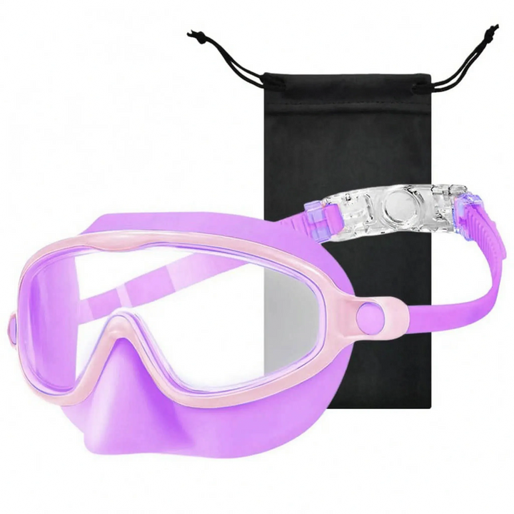 Kids' swim goggles with integrated nose cover, providing clear vision and comfort for water activities.