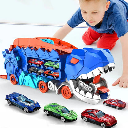 Kids' transforming dinosaur truck playset with multiple cars for imaginative adventures.